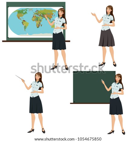girl teacher shows .Set of four illustrations