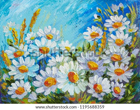 oil painting, spring bouquet of chamomile
