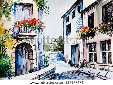 watercolor painting - flowers along the street