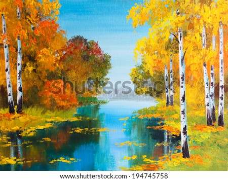 oil painting landscape - birch forest near the river
