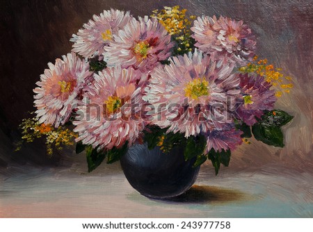 Oil painting on canvas - still life flowers on the table