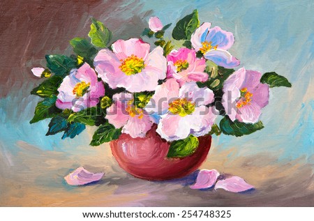  Oil painting of spring pink wild roses in a vase on canvas, art work