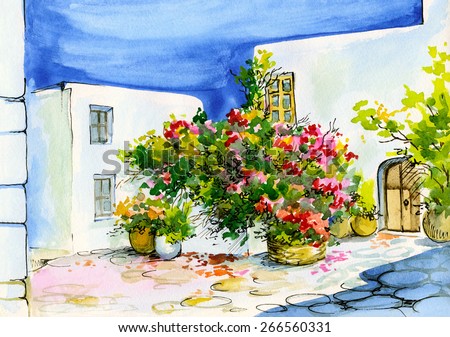 watercolor painting of a bouquet of flowers in pots on the windowsill, patio