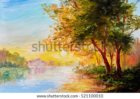 Oil painting landscape, river in the spring forest with sunset, afternoon