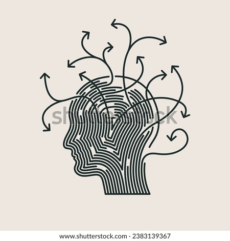 ADHD icon, line design, vector illustration. Attention deficit disorder, concentration problems concept. Human head with arrows going in different directions.