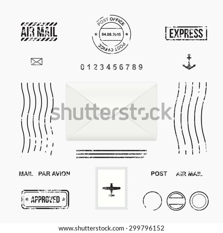 Set of post stamp symbols, mail envelope, vector illustration