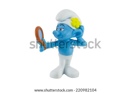Bangkok,Thailand - September 29, 2014: Vanity smurf and a mirror in hand character from The Smurf movie.  There are plastic toy sold as part of the McDonald\'s Happy meals.