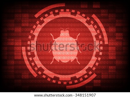 Red of ring and gears with malware bug a computer virus inside on binary code background.Vector illustration security technology concept.