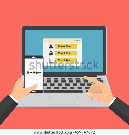 Human hand hold smart phone with sms code for log on the system on computer laptop password protected. Vector illustration computer security with two factor authentication concept.