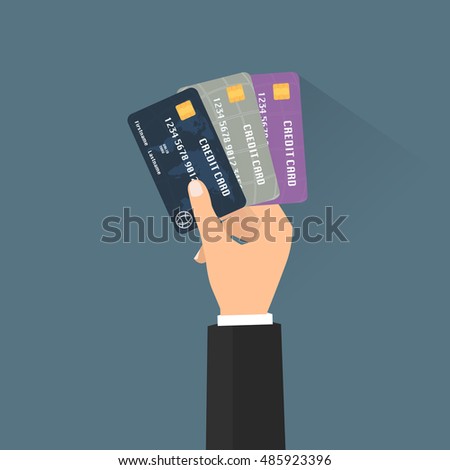Business man hand with multiple credit cards for paying out with long shadow. Vector illustration business concept design.