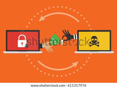 Businessman hand holding money banknote for paying the key from hacker for unlock computer folder got ransomware malware virus computer PC. Vector illustration cybercrime concept.