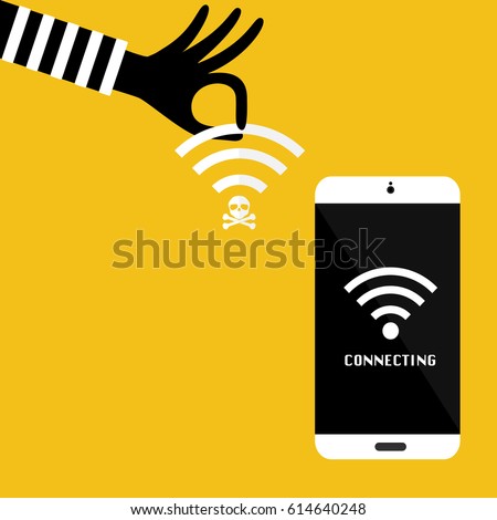 Hacker hand with unsecured public wireless hotspot for victim mobile phone connecting. Vector illustration business cybercrime concept.