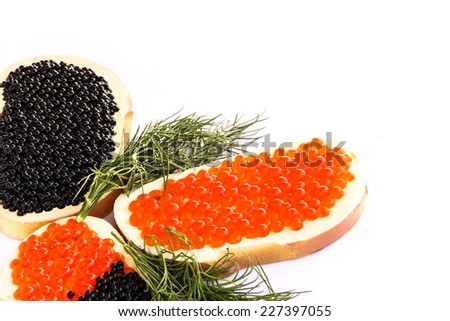 caviar red caviar black , loaf , buderbrod , butter, bread , white background , fish eggs , sea greens, fennel, food, breakfast , celebration , fun, eating , enjoyment, vitamins , table, dish ,