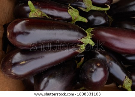 Heap of fresh eggplants close up