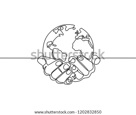 Continuous one line drawing. hands holding Earth globe.