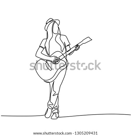 Continuous line drawing of Young woman playing guitar. Vector