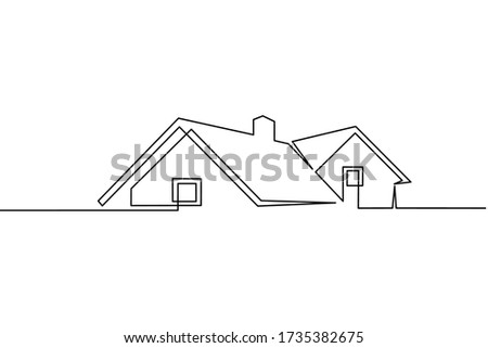 Continuous line drawing of exterior appearance of the front of the house with a roof. Modern. Townhouse building apartment. Home facade with doors and windows. house, roof, real estate