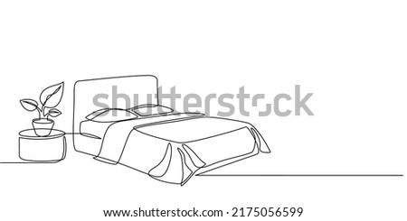 Continuous line drawing of double bed with table and houseplants. Modern loft furniture for the bedroom in a minimalist single-line style. vector illustration in doodle style