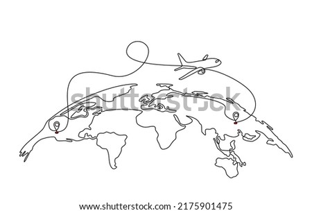 Continuous line drawing of airplane flight route and airport destination location. airplane path icon of airplane flight route with starting point location and world map in doodle style