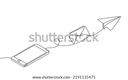 Continuous one line drawing of a chat messages on smartphone. Smartphone device concept sending instant message with flying envelope and paper airplane in doodle style. vector illustration