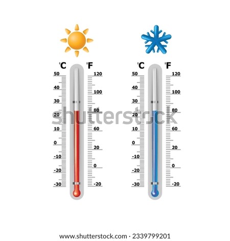 Set of two thermometer Celsius and Fahrenheit. With icons sun and snowflake in 3d.