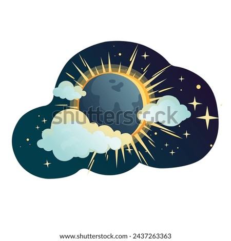 Space and solar eclipse background composition. Cute illustration in flat style for children. Suitable for astronomy, decoration and stickers.