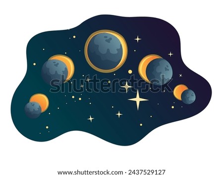 Solar eclipse cycle, background. Cute illustration in flat style for children. Suitable for astronomy, decoration and stickers.