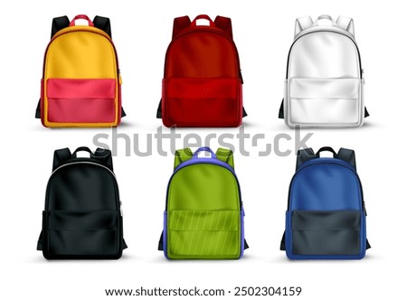 Set of realistic school backpacks. Back to school soon vector realistic backpack.