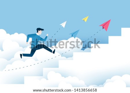 A man is jumping on the stairs, steps to success. Business ideas design in EPS10 vector illustration.