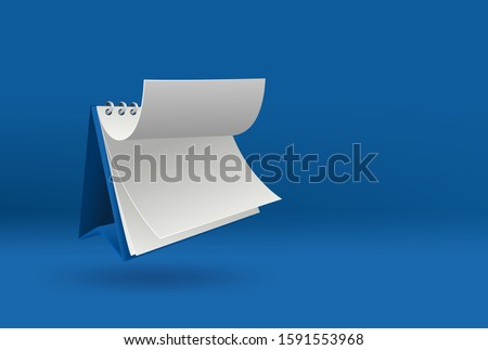 3d blank calendar template with open cover on blue background with soft shadows. vector illustration.