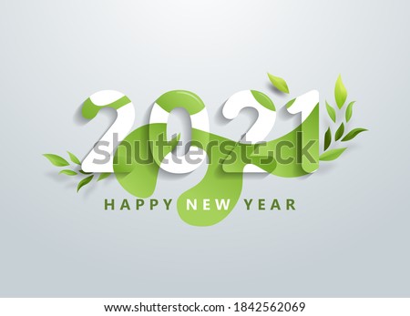 Happy 2021 new year with natural green leaves banner. Greetings and invitations, New year Christmas friendly themed congratulations, cards and natural background. Vector illustration.