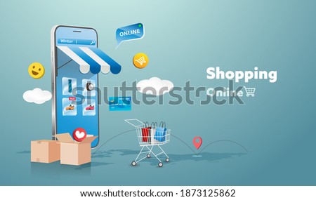 Online shopping store on website and mobile phone design. Smart business marketing concept. Horizontal view. Vector Illustration.