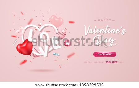 Happy Valentine's Day online shopping banner or background design. Lovely 3D hearts, love letter and confetti on pastel pink background. Promotion, Special discount poster design.