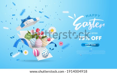 Happy Easter with surprise white gift box with colorful eggs, tulip flowers and blue ribbon. Open gift box isolated. Party, Shopping poster. Easter Sunday design banner