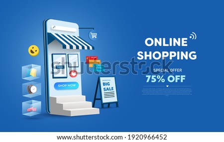 Online shopping store on website and mobile phone design. Smart business marketing concept. Horizontal view. Vector Illustration