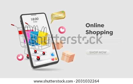 Online shopping store on website and mobile phone design. Smart business marketing concept. Horizontal view. Vector Illustration