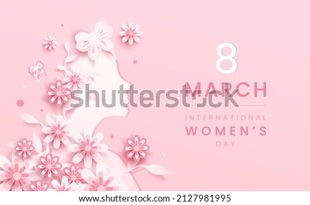 8 march background. International women's day floral decorations in paper art style with frame of flowers and leaves. Greeting card on pastel pink tone. Vector illustration