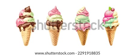 Ice cream watercolor set. Realistic summer ice cream cone, strawberry, orange, chocolate in vintage style isolated on white background. Vector illustration Foto stock © 