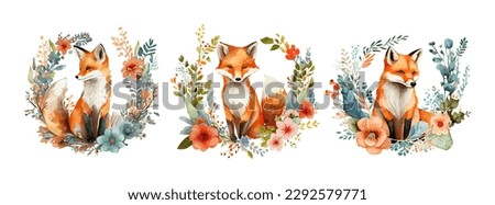 Watercolor Fox and Flowers isolated on white background. Cute fox animal woodland art set, wild life cartoon drawing. Vector illustration