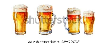 Set of beer watercolor isolated on white background. Alcohol party drinking, glass of beer, beverage collection. Vector illustration