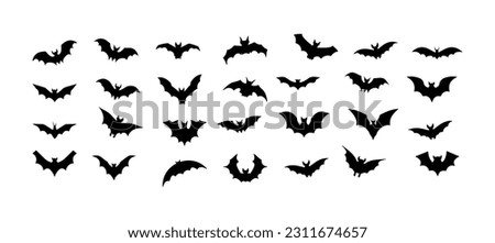 Halloween bat silhouette set isolated on white background. Spooky black horror bat graphic. Vector illustration