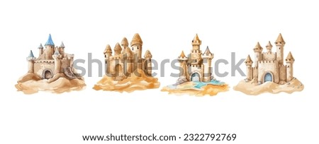 Set of sea sand castle watercolor isolated on white background. Vector illustration