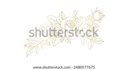 Golden rose flowers line art isolated on white background. Luxury roses floral design elements for invitation, wedding, wallpaper, print template, vector illustration