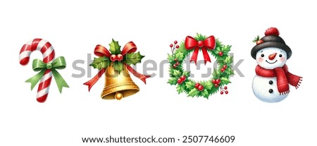 Christmas candy cane, bell, hooly wreath, snowman, red and green ribbon in watercolor style. Merry Christmas watercolor painting element vector illustration