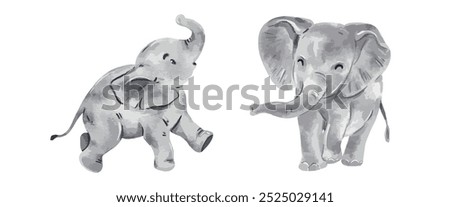 Cute baby elephant watercolor isolated on white background. Nursery elephant cartoon hand drawn character vector illustration