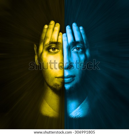 yellow - blue face  visible through his hands. Double Exposure