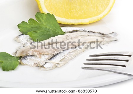 Marinated Anchovies close up on white background