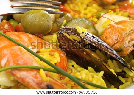 rice with seafood close up in a dish