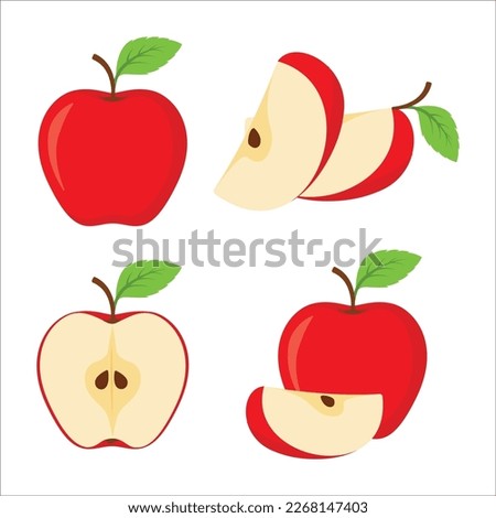 Apple fruit vector set. Set of apples and sliced apples isolated on white background. Whole, half, slice of red apple fruit with green leaves. Vector illustration