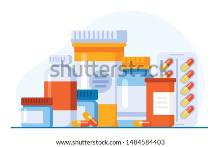 Medicine, pharmacy concept. Drug, medication set of icons. Vector illustration. Website landing page graphic

